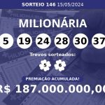 +-milionaria-146-acumula-e-premio-pode-chegar-a-r$-187 milhoes;-veja-dezenas