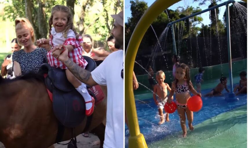 passeio-a-cavalo-e-banho-com-jatos-de-agua:-cintia-dicker-e-pedro-scooby-mostram-detalhes-da-festa-de-3-anos-da-filha-no-rio