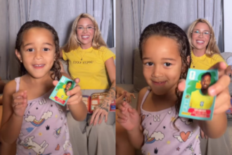 fofa!-karoline-lima-mostra-reacao-de-cecilia-ao-encontrar-figurinha-de-eder-militao-em-album-da-copa-do-mundo;-video