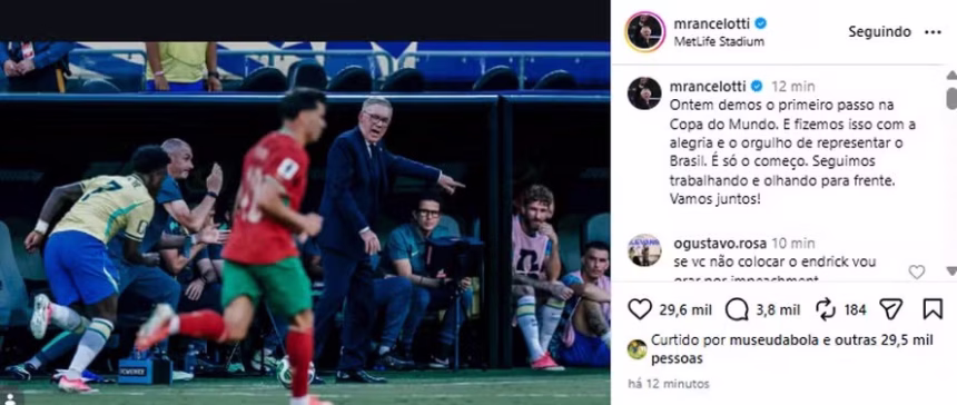 ancelotti-exalta-a-‘alegria-e-o-orgulho’-de-representar-a-selecao-brasileira-apos-estreia-com-empate-na-copa-do-mundo
