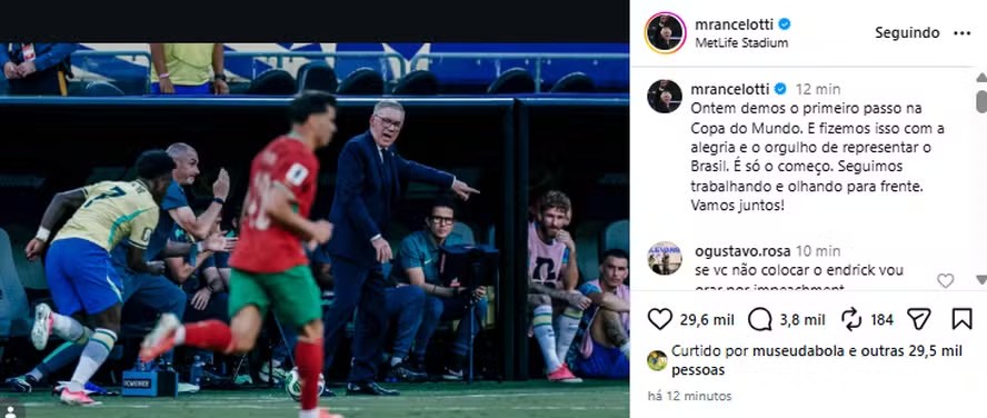 ancelotti-exalta-a-‘alegria-e-o-orgulho’-de-representar-a-selecao-brasileira-apos-estreia-com-empate-na-copa-do-mundo