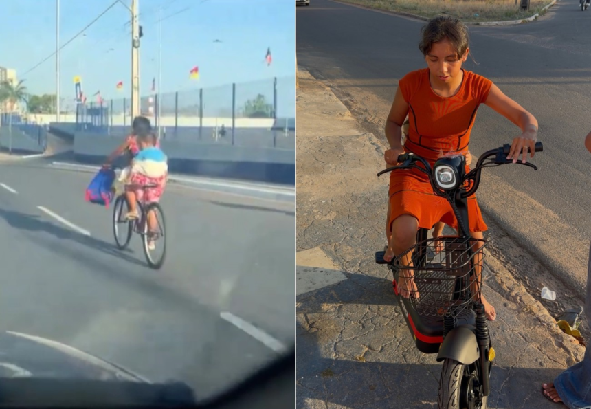 mae-que-levava-filho-para-escola-amarrado-a-cintura-ganha-bicicleta-eletrica-no-to;